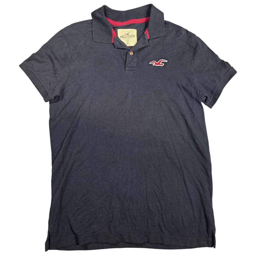 Hollister Mens Navy Blue Short Sleeve Y2k Pique Polo Shirt Red Logo Size L